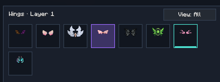 Cosmetics menu with View: All control and outlined cosmetic items